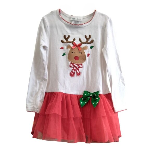 Bonnie Jean Girls Size 6 Dress Tutu Rudolph Long Sleeve Holiday White Red - Picture 2 of 9
